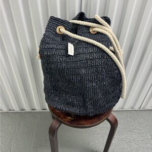 NWT Banana Republic navy blue rafria drawstring beach bag withe leather trim